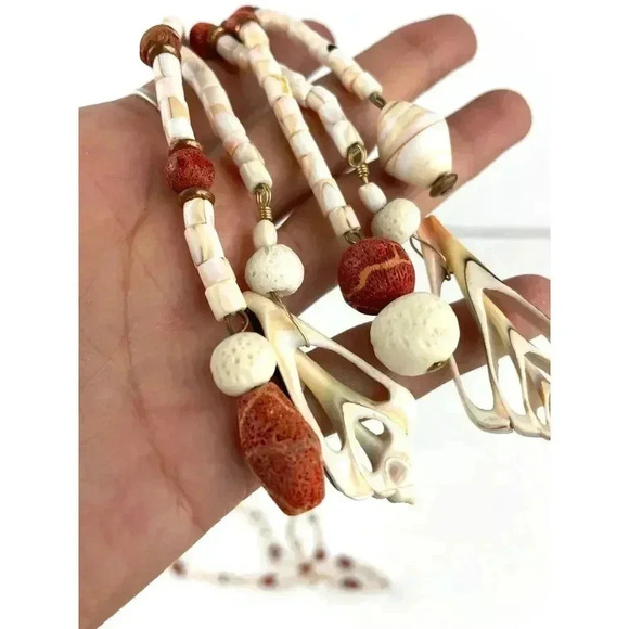 Natural Stone Seashell Beaded Necklace with Dangle Accent Long Wired Boho Style - Picture 3 of 12